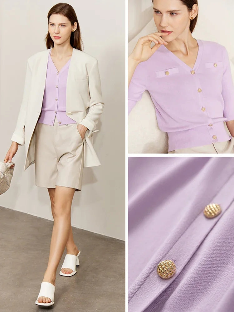 Damen-Strickjacke Baumwolle Slim Halbarm V-Ausschnitt Büro Frühling