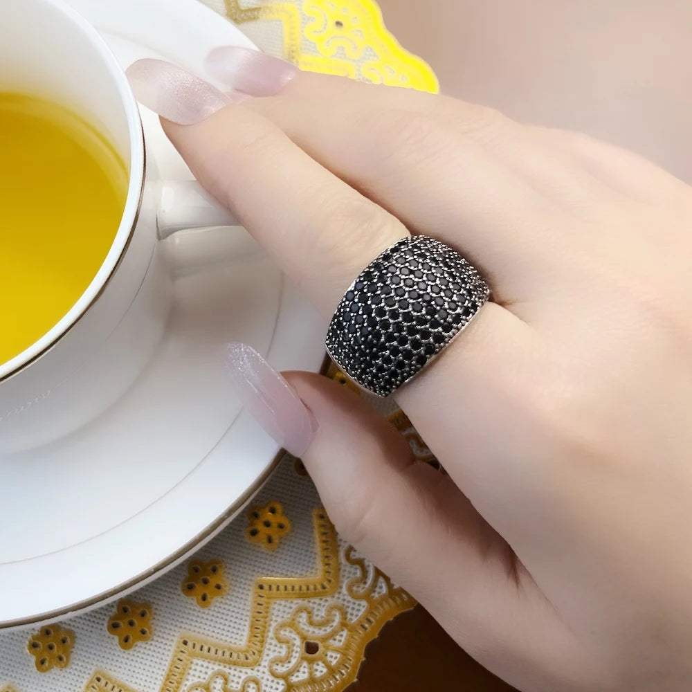 Damen-Ring schwarzer Pavé Cocktail Vintage Frühling aus Sterlingsilber