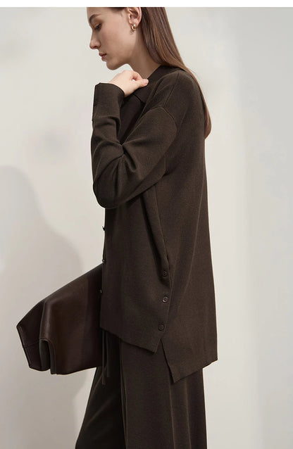 Damen-Strickjacke lang Seide-Wolle Umlegekragen locker Herbst