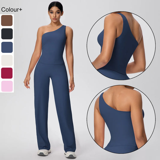 Dunkelblaues Yoga-Set für Damen: ärmelloses Top mit Brustpolster, lange Hose