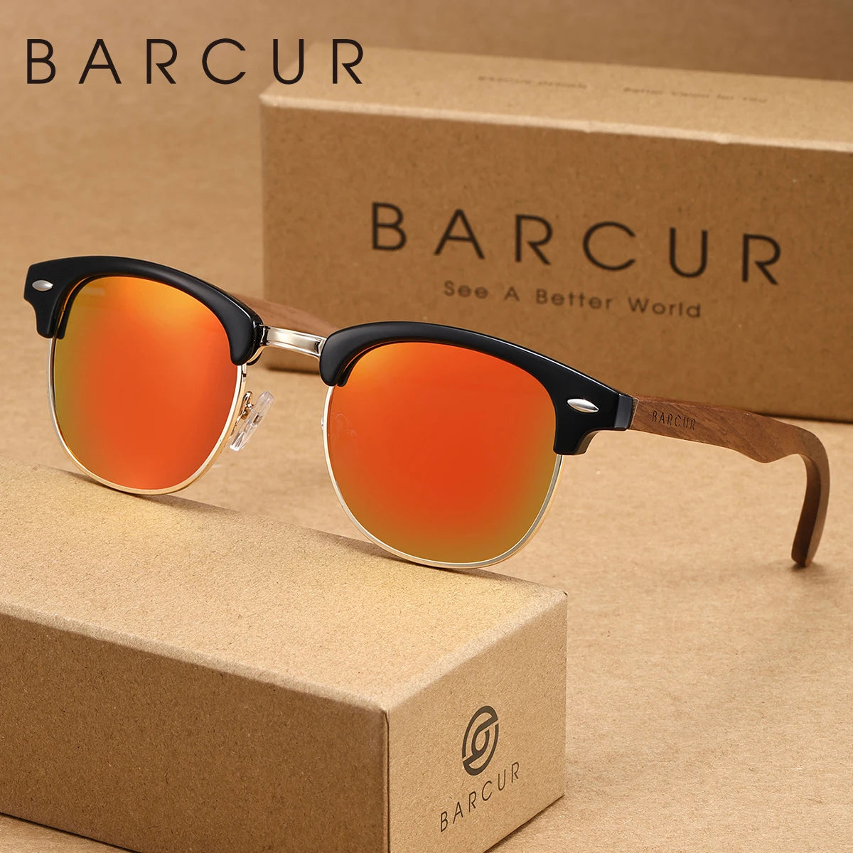 Sonnenbrille Halbrahmen Retro rund UV400 polarisiert Walnuss-Bügel
