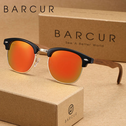 Sonnenbrille Halbrahmen Retro rund UV400 polarisiert Walnuss-Bügel