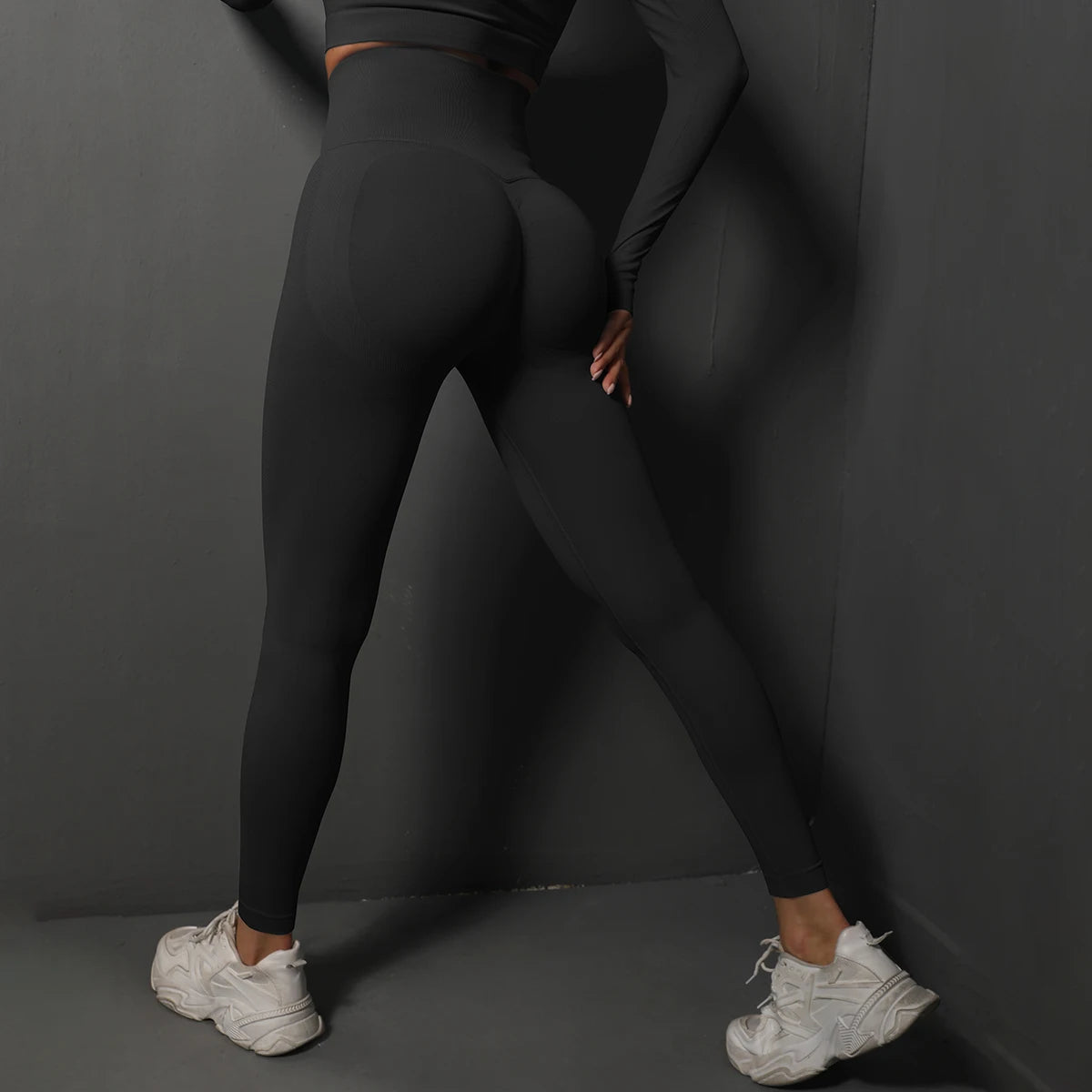 Nahtlose Leggings Hochbund, unisex Yoga-Fitness, schwarz, Rückansicht, lang, eng geschnitten