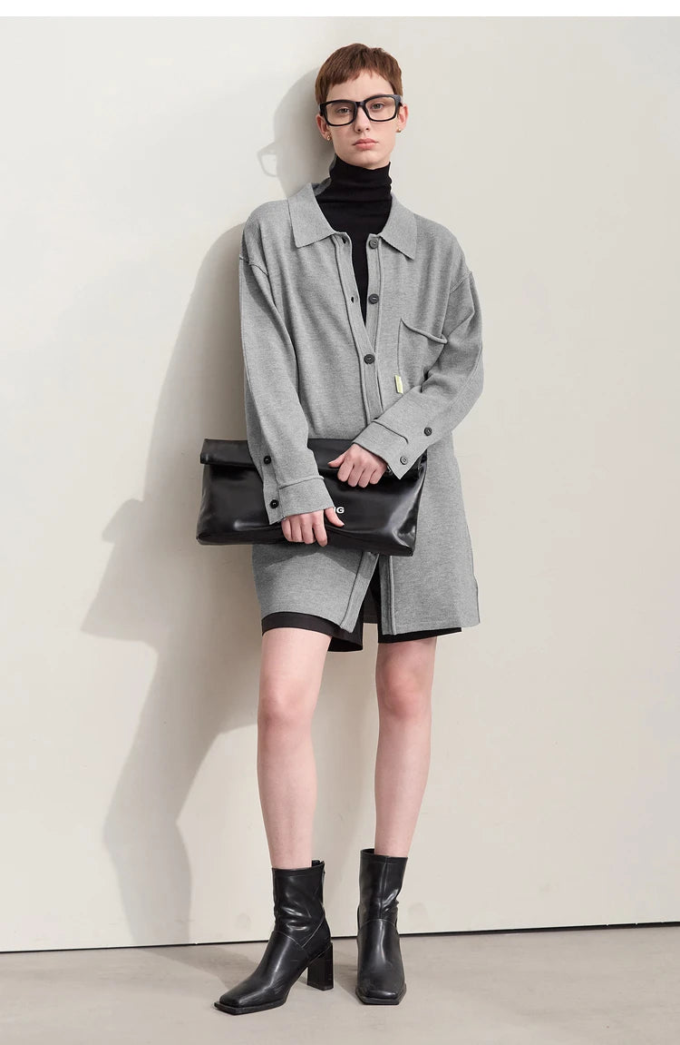 Damen-Strickjacke lang Revers Raglan Streetwear locker Herbst