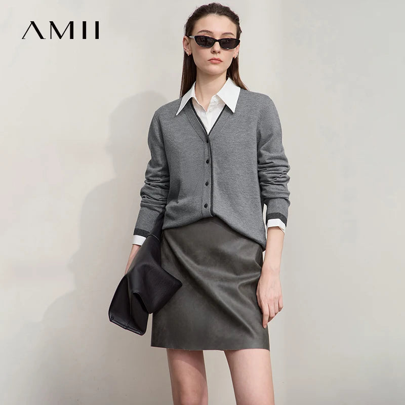 Damen-Strickjacke V-Ausschnitt koreanisch Fake-Zweiteilig Wolle locker Herbst