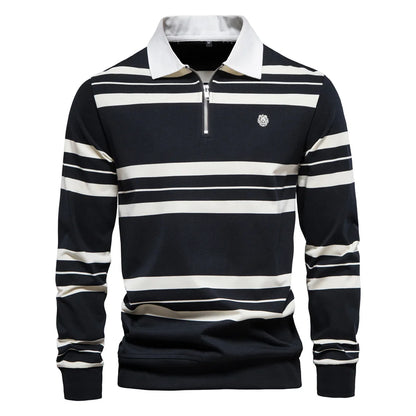 Herren Langarm Polo Shirt aus Baumwolle mit gestreiftem Reißverschluss