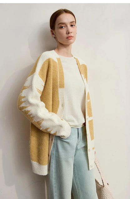 Damen V-Ausschnitt Cardigan lang Patchwork Wolle-Mix Winter
