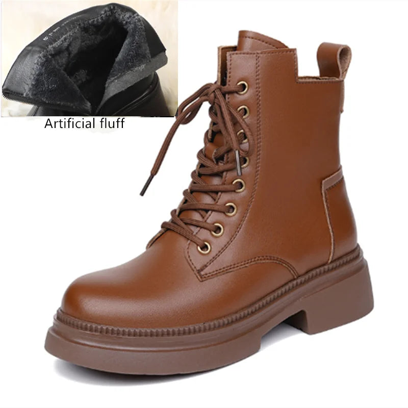 Damen Stiefeletten aus echtem Leder im Retro-Stil mit quadratischem Absatz