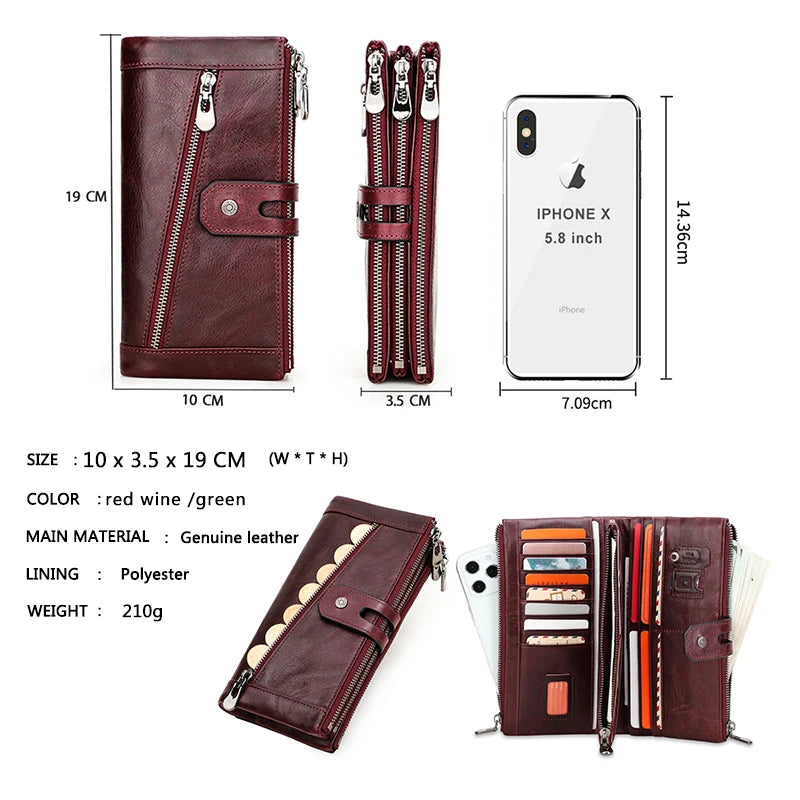 Damen Echtleder Lange Geldbörse Vintage Clutch Reißverschluss Handytasche Kartenhalter