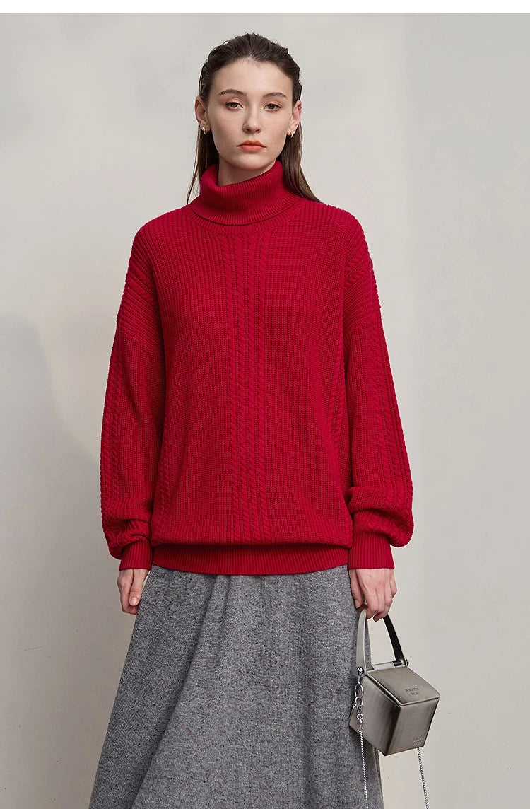 Damen-Rollkragenpullover Wolle lang locker Retro Winter