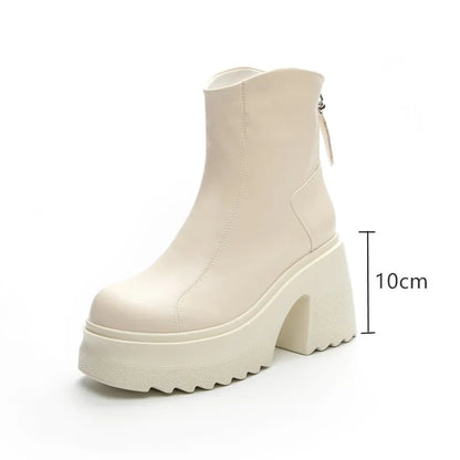 AIYUQI Damen-Stiefelette aus beigem Leder, 10-cm-Blockabsatz, dickes Plateau