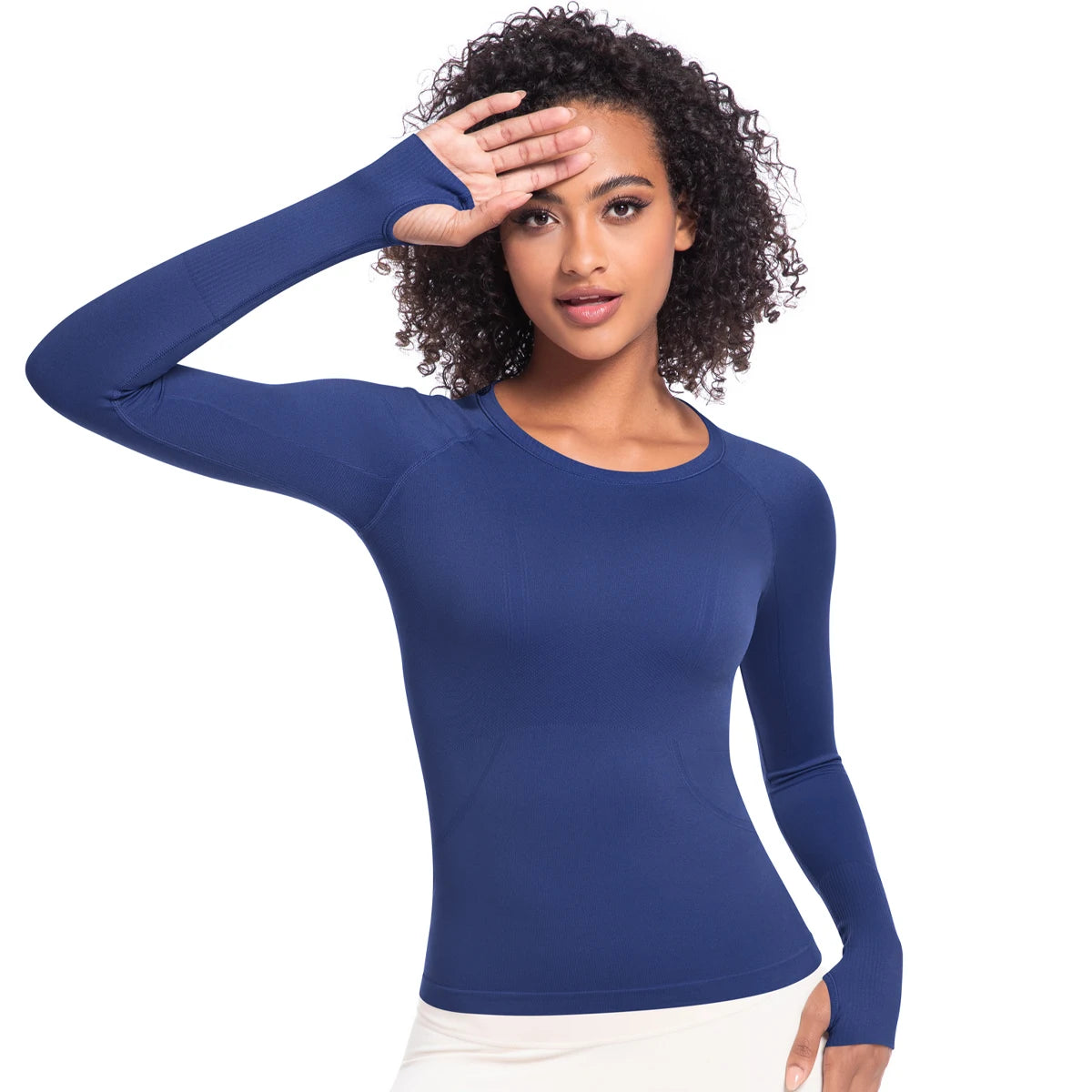 Damen-Langarm-Laufshirt navyblau, schmaler Rundhalsausschnitt, langärmlig