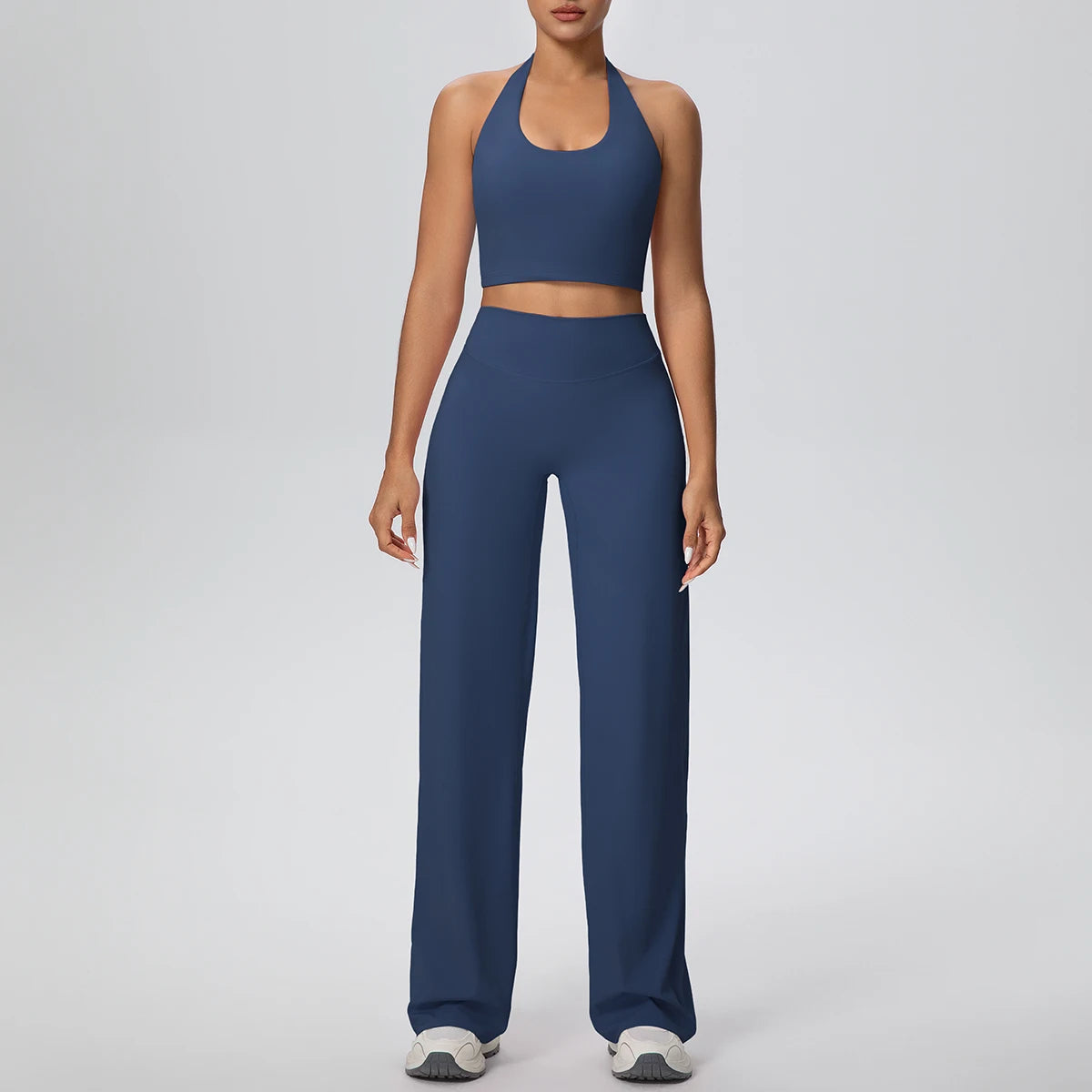 Yoga-Set für Frauen: Sport-BH und weite Hose, dunkelblau, rutschfest