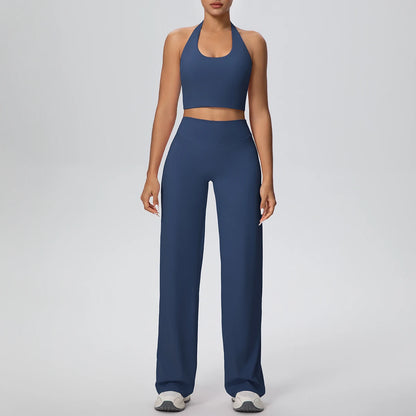 Yoga-Set für Frauen: Sport-BH und weite Hose, dunkelblau, rutschfest
