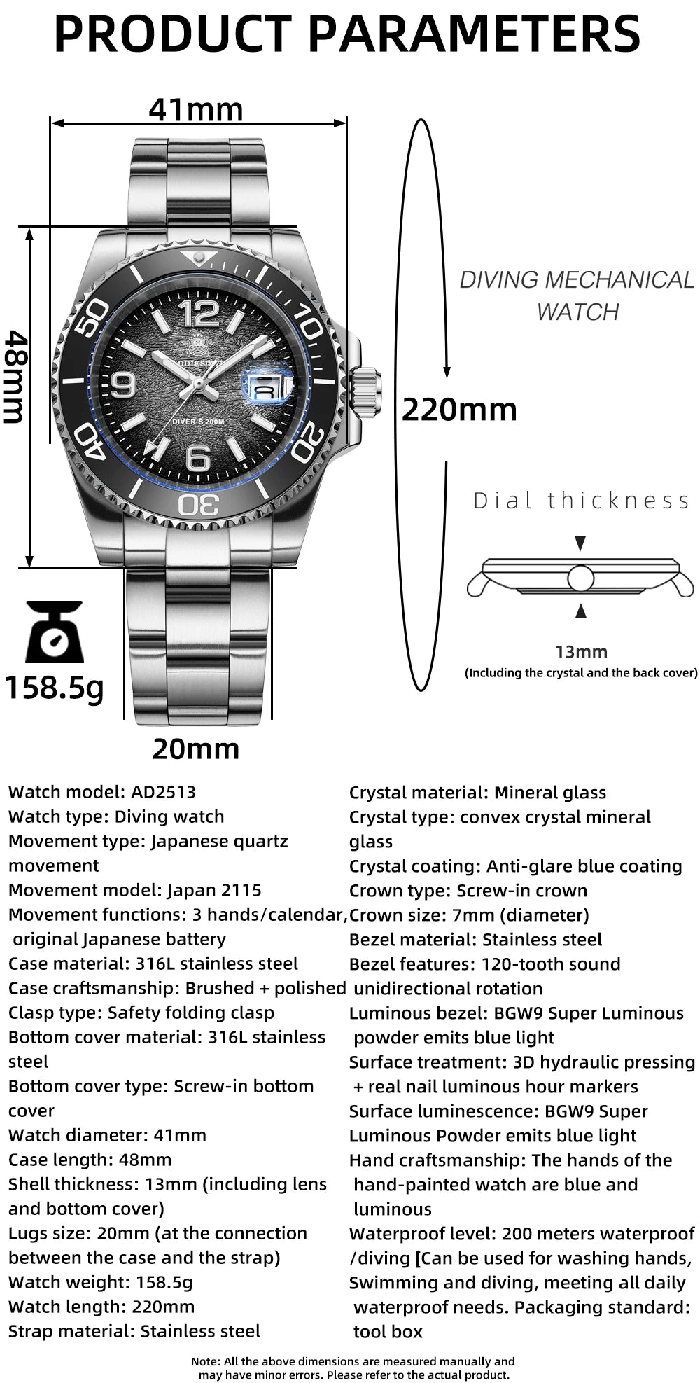 Herren-Taucheruhr 41 mm mit 316L-Stahl und 200 m Tiefe