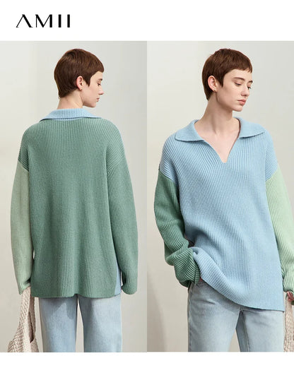 Damen V-Ausschnitt Pullover Patchwork Raglan locker Herbst-Winter