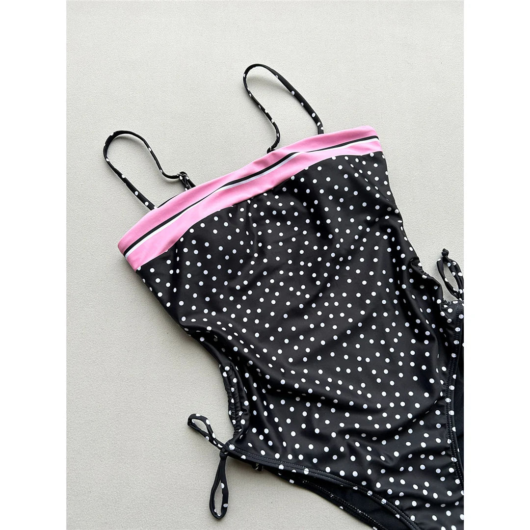 Damen Badeanzug Punkte Spleiß Schnürung hoher Beinausschnitt Monokini