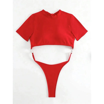 Damen Badeanzug Micro Tanga Cut-Out Monokini Kurzarm 9 Farben