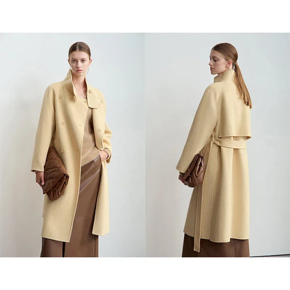 Damen Tweed Mantel im Winter-Look mit Stehkragen und Gürtel