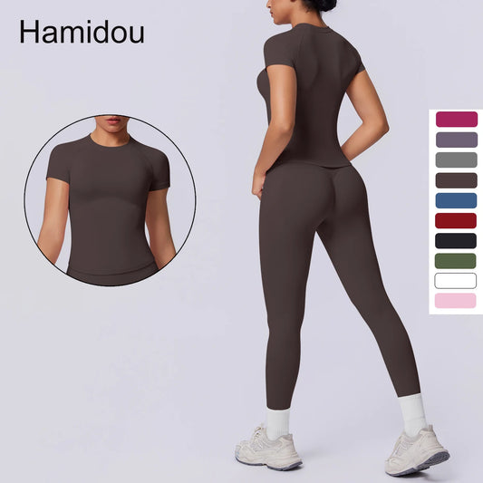 Nahtloses Sportset für Damen, kurze Ärmel und Leggings, dunkelbraun