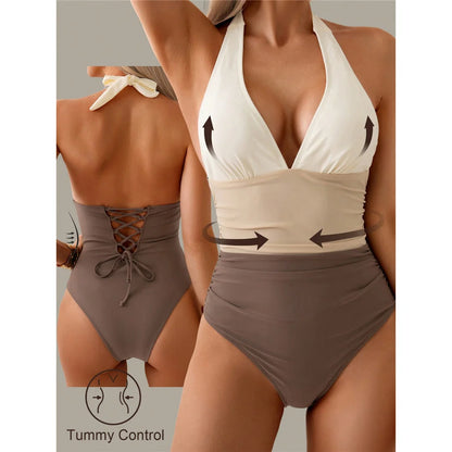 Damen Badeanzug Spleiß V-Ausschnitt rückenfrei Neckholder Monokini gepolstert