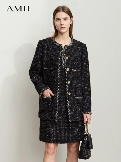 Damen eleganter Tweed-Wollmantel mit Schulterpolstern und lockerer Passform