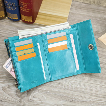 Damen Echtleder Kartenetui Vintage RFID Münzfach dreifach faltbar Kurzgeldbörse