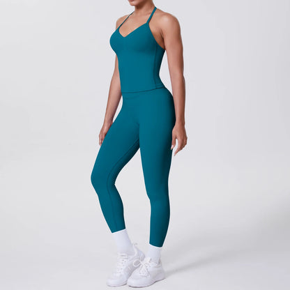Damen Yoga-Set mit ärmelloser Weste und Leggings, petrolblau