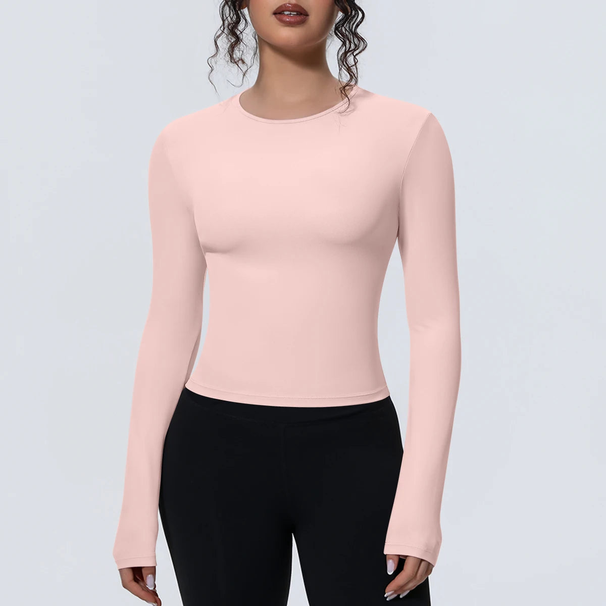 Rosa Langarm-Yoga-Shirt mit Rundhalsausschnitt, schmale Silhouette, glatter Stoff