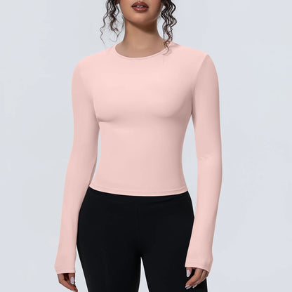 Rosa Langarm-Yoga-Shirt mit Rundhalsausschnitt, schmale Silhouette, glatter Stoff