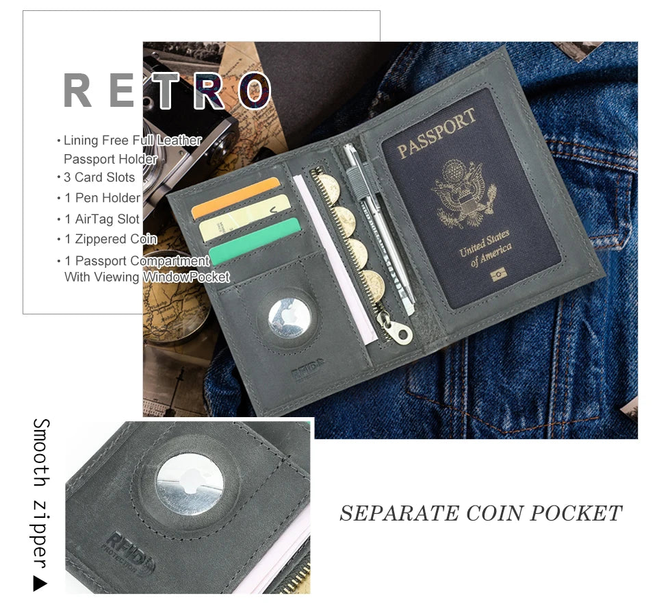 Graue Retro-Leder-Reisepasshülle mit Kartenfächern und separater Münztasche