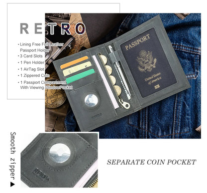 Graue Retro-Leder-Reisepasshülle mit Kartenfächern und separater Münztasche