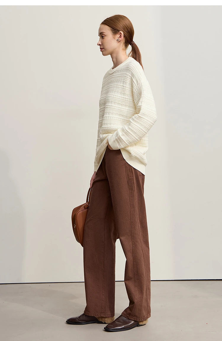 Damen-Pullover Cremeweiß mit Rundhalsausschnitt, Strickmuster, lange Ärmel, Seitenansicht