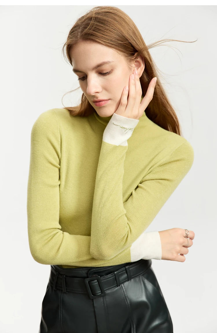 Damen-Rollkragenpullover Wolle Slim Patchwork-Splicing Herbst-Winter