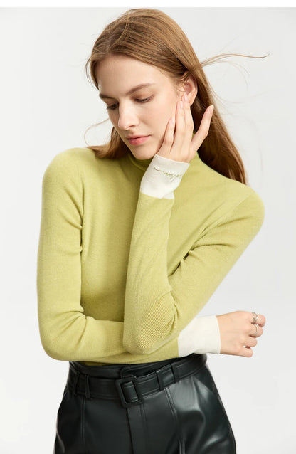 Damen-Rollkragenpullover Wolle Slim Patchwork-Splicing Herbst-Winter