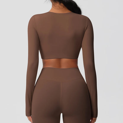 Damen Sportshirt Rückenansicht, langarm, kurz geschnitten, schokoladenbraun