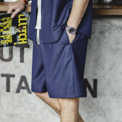 Herren Shorts im Retro-Stil aus gewaschenem Denim mit elastischem Bund und Kordelzug