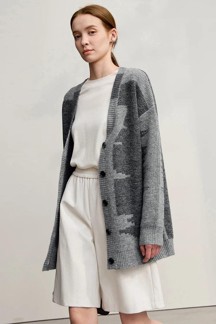 Damen V-Ausschnitt Cardigan lang Patchwork Wolle-Mix Winter