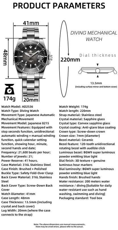 Herren Automatikuhr mechanisch Saphirglas 8215 200m wasserdicht Leuchtzeiger Edelstahl