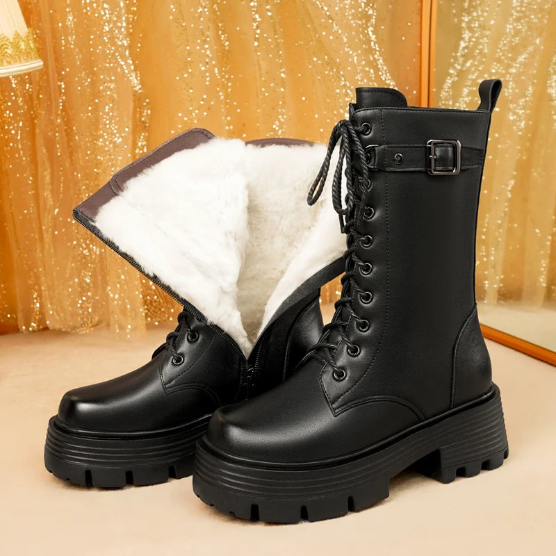 AIYUQI Women's Winter Shoes 2025 New Genuine Leather Women's Biker Boots Large Size 41 42 43 Warm Platform Women's Snow Boots