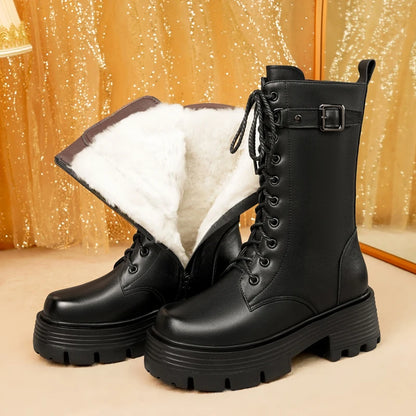 AIYUQI Women's Winter Shoes 2025 New Genuine Leather Women's Biker Boots Large Size 41 42 43 Warm Platform Women's Snow Boots