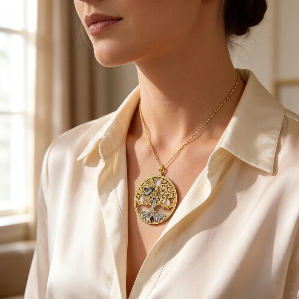 Damen-Charm-Anhänger Baum Rabe Vintage golden aus Sterlingsilber