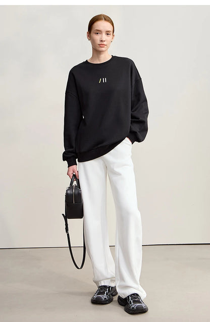 Damen-Rundhals-Sweatshirt Stickerei Kunstfell warm locker Winter