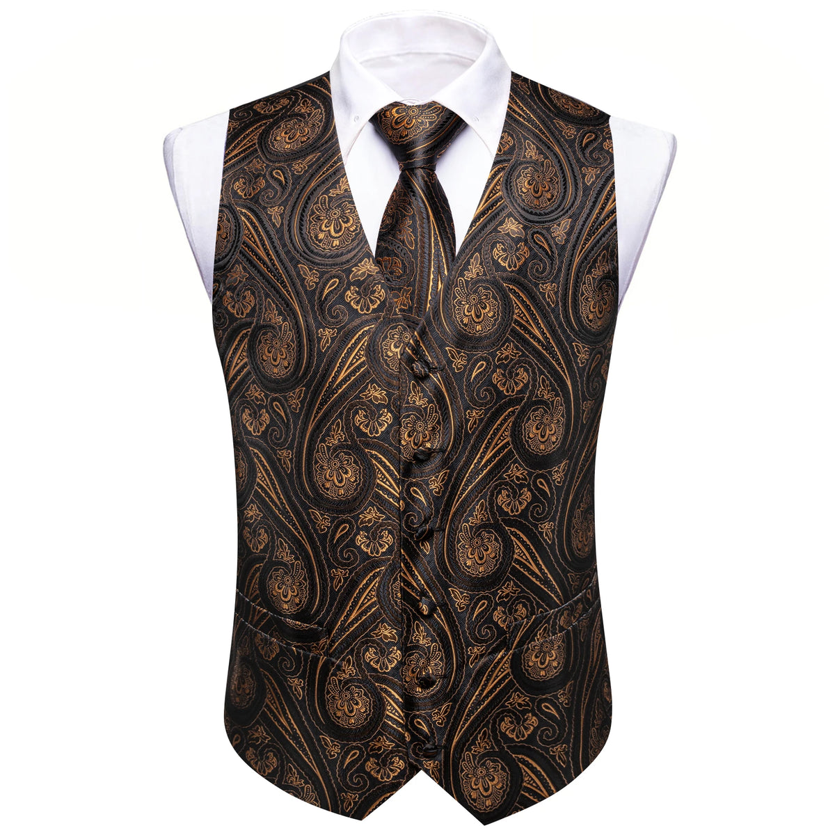 Elegante Herren-Anzugweste mit schwarzem Stoff und goldfarbenem Paisley-Muster