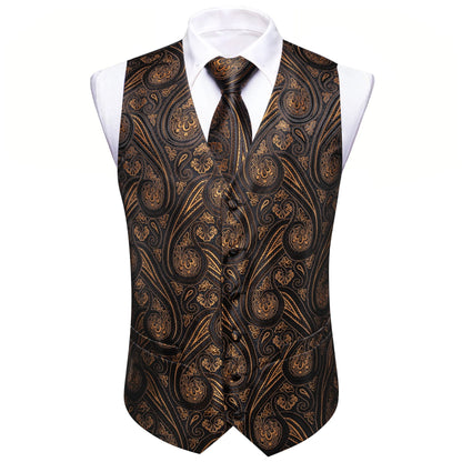 Elegante Herren-Anzugweste mit schwarzem Stoff und goldfarbenem Paisley-Muster