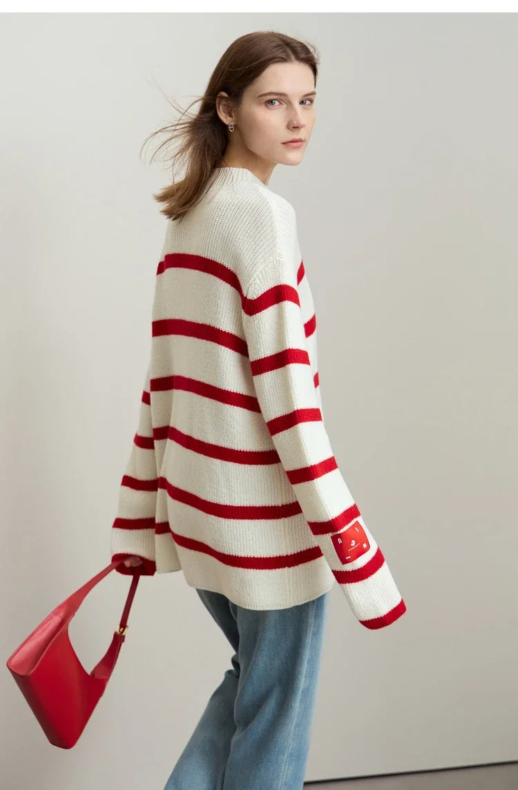 Damen-Strickjacke Streifen Stehkragen Kontrastfarben locker Weihnachten Winter