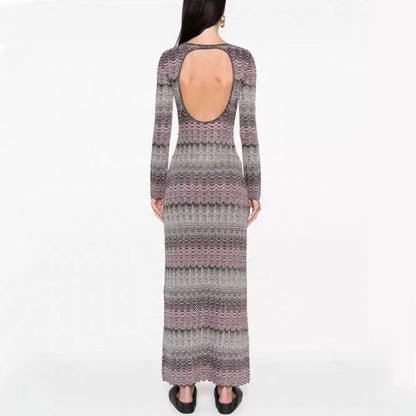 Elegantes Damen-Midikleid mit Rundhalsausschnitt und langen Ärmeln im Patchwork-Design mit Diamantenmuster
