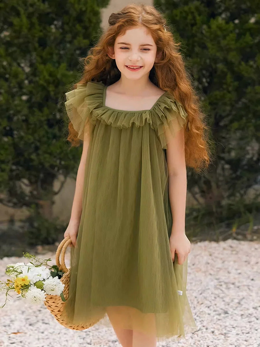 Beiges Sommerkleid für Mädchen im französischen Prinzessinnenstil mit kurzen Ärmeln – ideal für Geburtstagsfeiern und Hochzeiten, geeignet für Kinder von 110 cm bis 170 cm