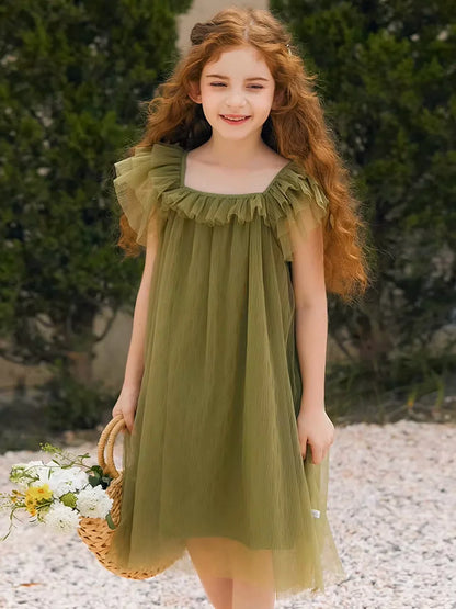Beiges Sommerkleid für Mädchen im französischen Prinzessinnenstil mit kurzen Ärmeln – ideal für Geburtstagsfeiern und Hochzeiten, geeignet für Kinder von 110 cm bis 170 cm