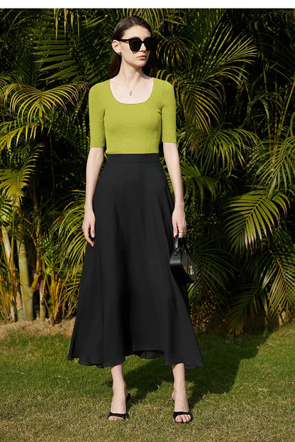 Damen-Strickpullover in Limettengrün mit kurzem Ärmel und weitem Ausschnitt